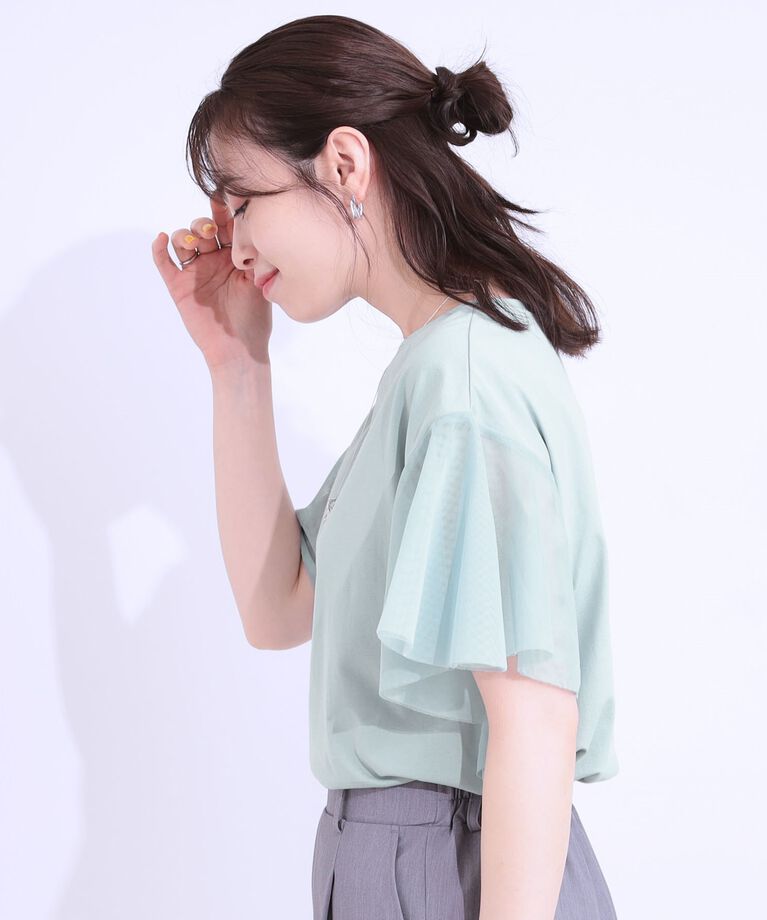 SHOO･LA･RUE「【S-LL/ひんやり】大人フェミニンに お袖チュール フリルトップス」|Tシャツ・カットソー|