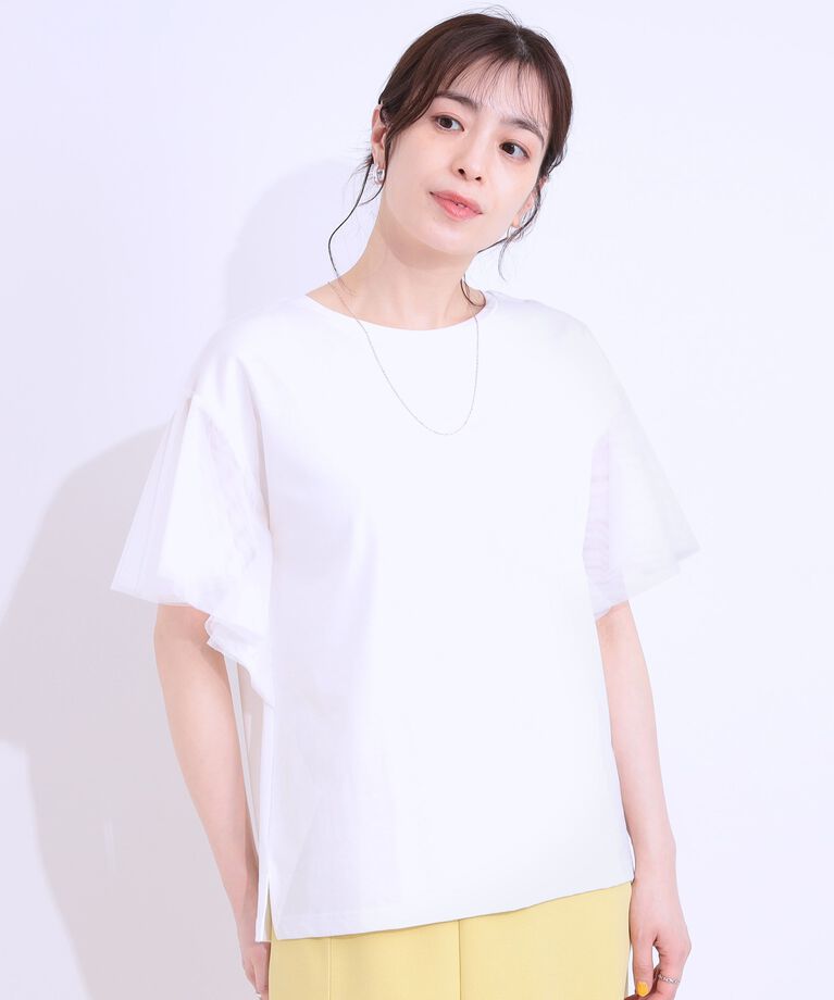 SHOO･LA･RUE「【S-LL/ひんやり】大人フェミニンに お袖チュール フリルトップス」|Tシャツ・カットソー|