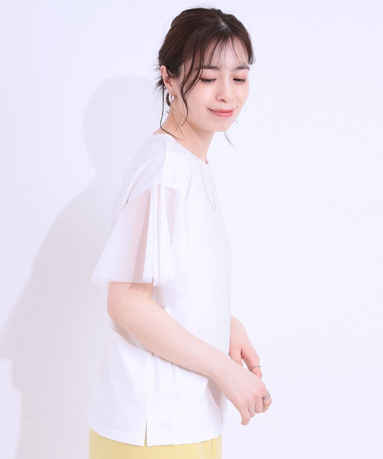 SHOO･LA･RUE「【S-LL/ひんやり】大人フェミニンに お袖チュール フリルトップス」|Tシャツ・カットソー|
