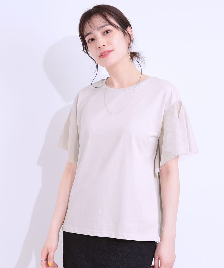 SHOO･LA･RUE「【S-LL/ひんやり】大人フェミニンに お袖チュール フリルトップス」|Tシャツ・カットソー|
