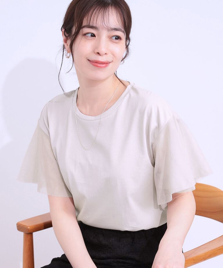 SHOO･LA･RUE「【S-LL/ひんやり】大人フェミニンに お袖チュール フリルトップス」|Tシャツ・カットソー|ライトグレー(011