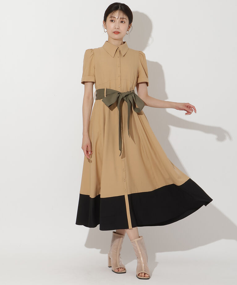 アンドクチュール「配色シャツワンピース」|ワンピース|ベージュ