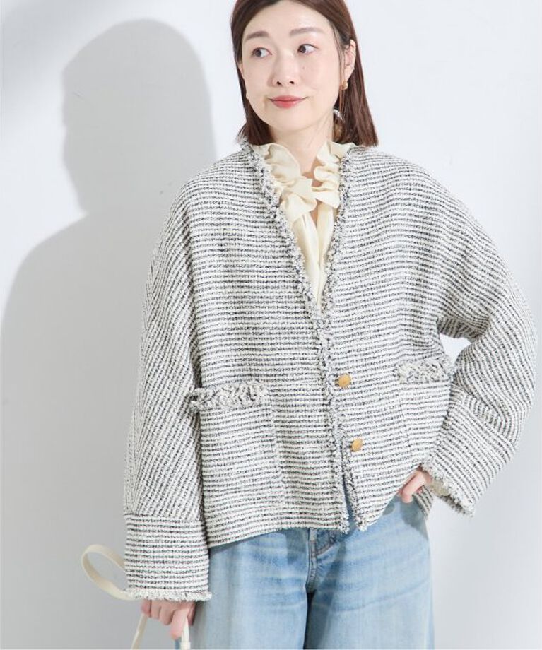 journal standard L'essage「GIOLICA ツイードVネック ジャケット」|ノーカラージャケット|ブラック A
