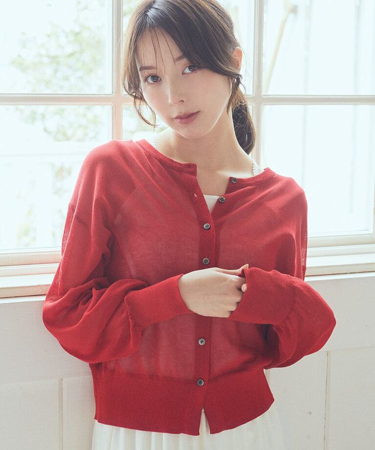 earth music&ecology「接触冷感シアークルーニットカーディガン」|カーディガン|Red