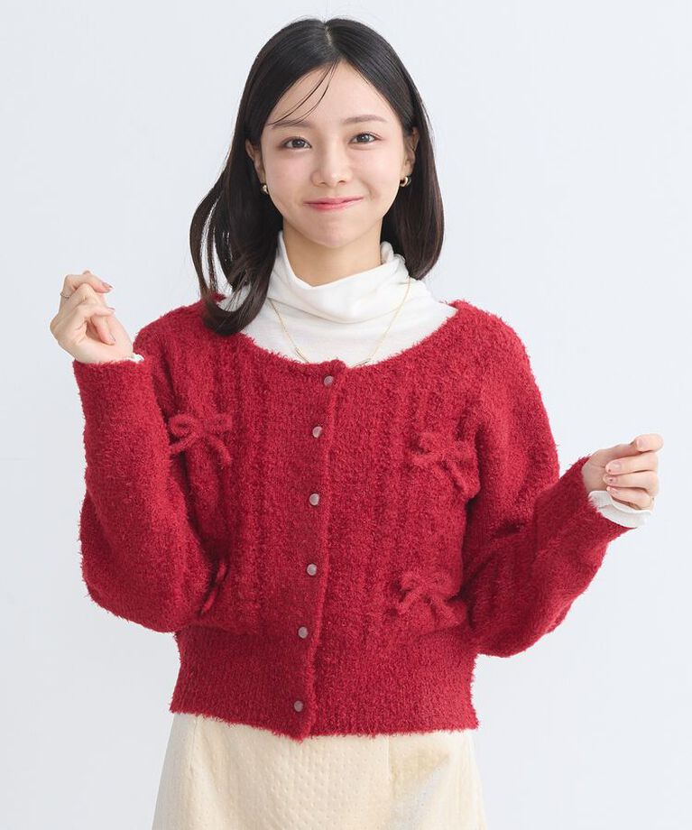 earth music&ecology「リボンクルーネックカーディガン」|カーディガン|Red