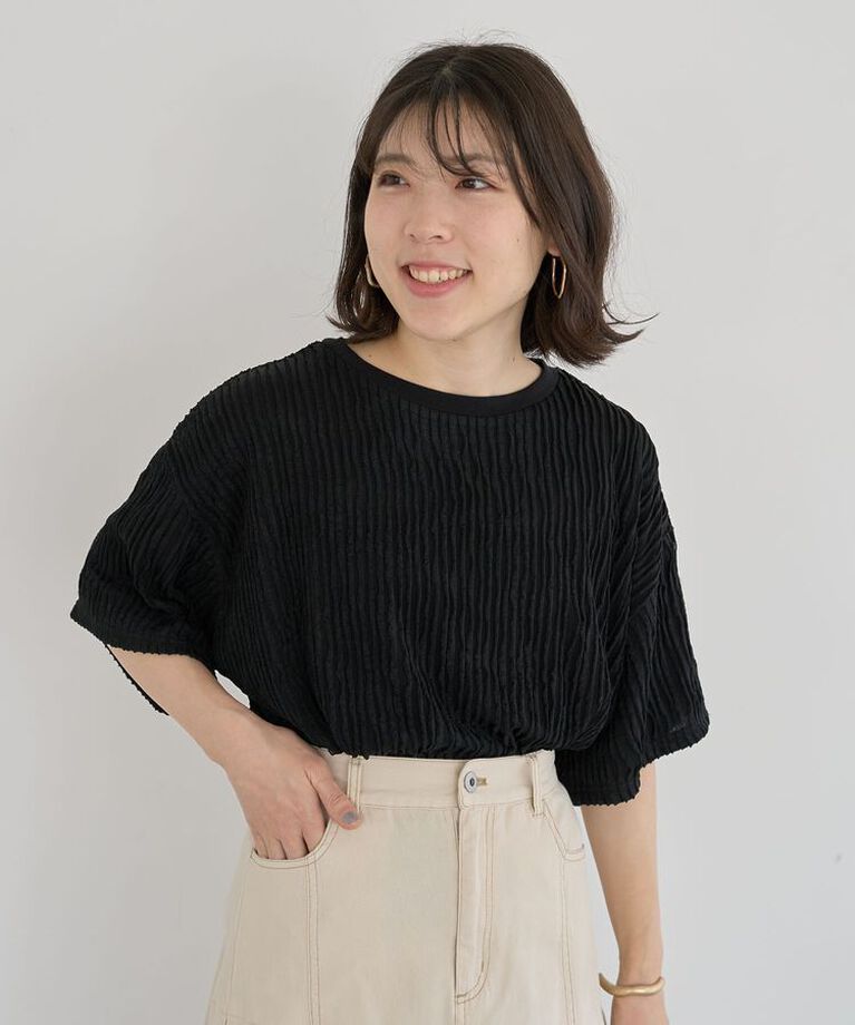 Green Parks「5分袖フリルカットプルオーバー」|Tシャツ・カットソー|Black