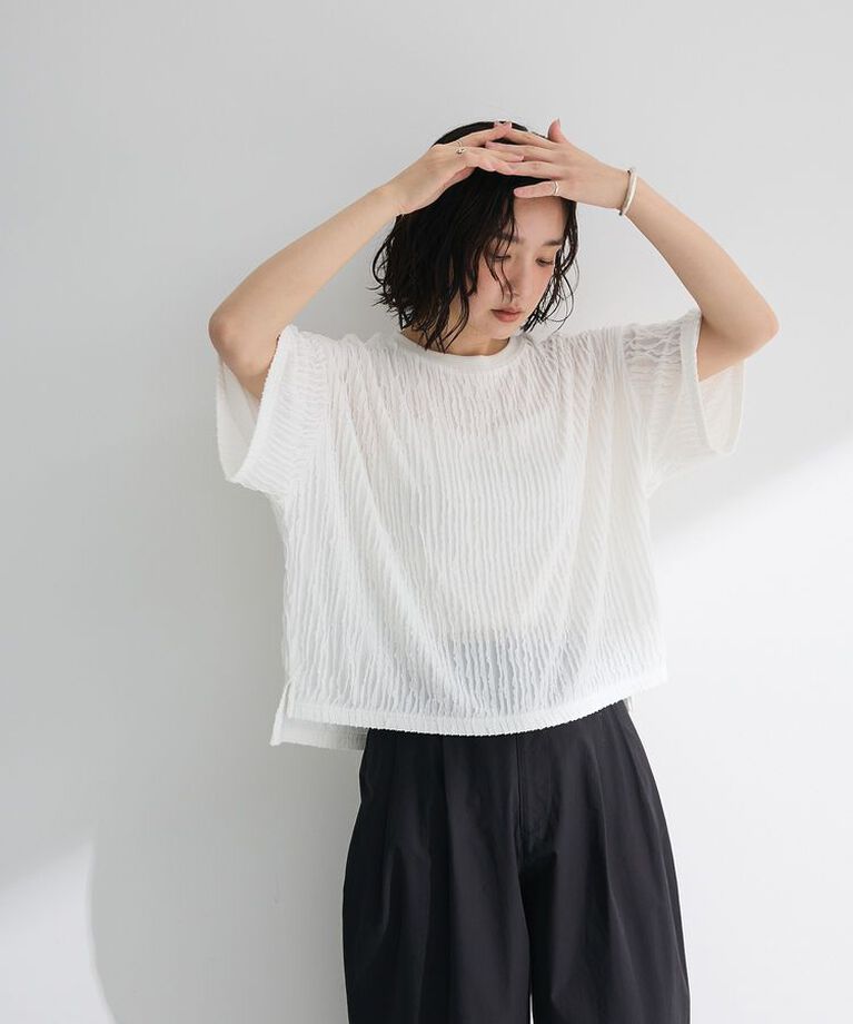 Green Parks「5分袖フリルカットプルオーバー」|Tシャツ・カットソー|Ecru