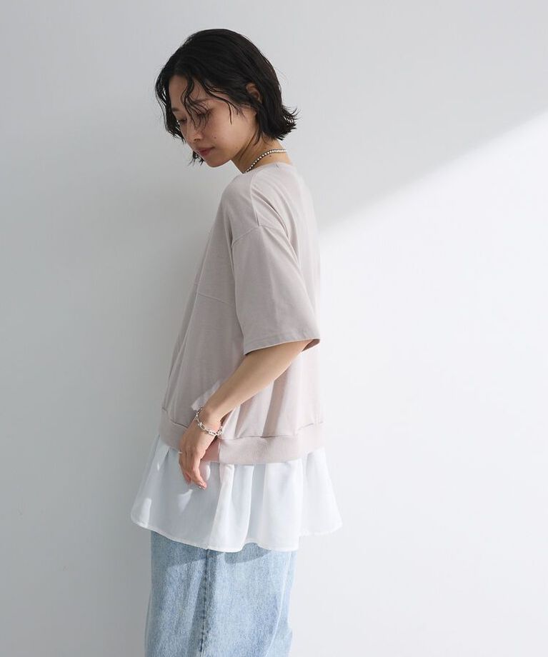 Green Parks「裾フリルドッキング5分袖プルオーバー」|Tシャツ・カットソー|
