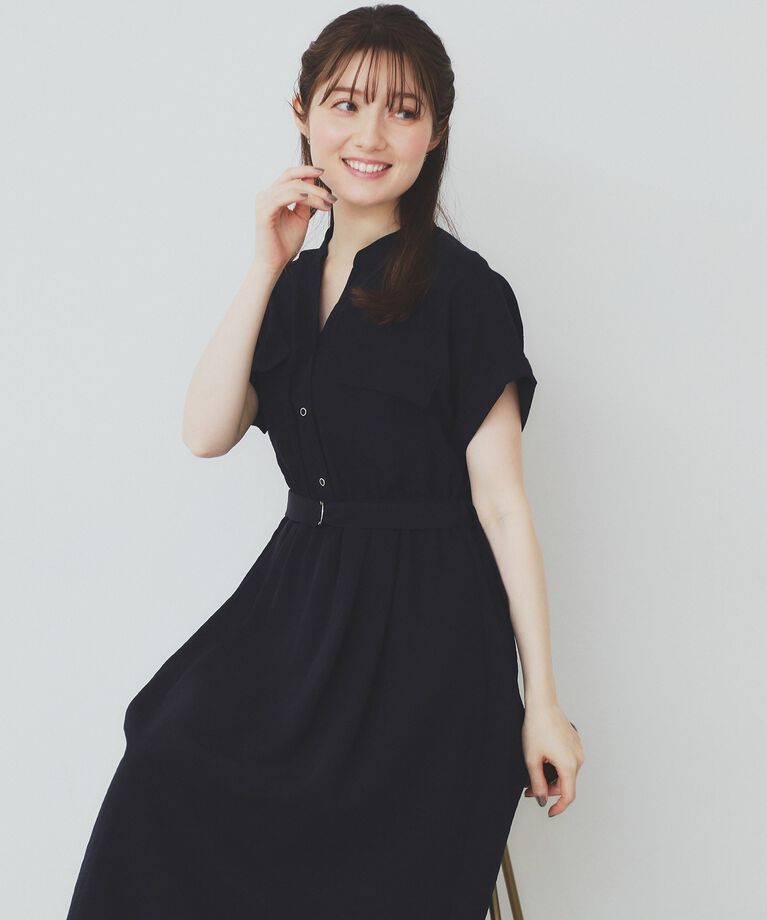 index「《6color/XS-LLsize》ダブルポケットスキッパーシャツワンピース【洗濯機洗い可/抗ピル/」|ワンピース|ネイビー(094)