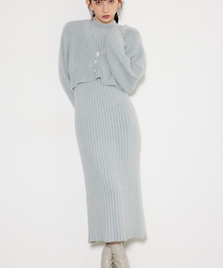 rienda「ビジュー釦カーデSET Knit OP」|ワンピース|GRY