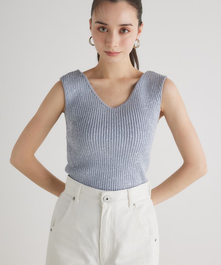 rienda「スパンコールVN Knit TOP」|タンクトップ|